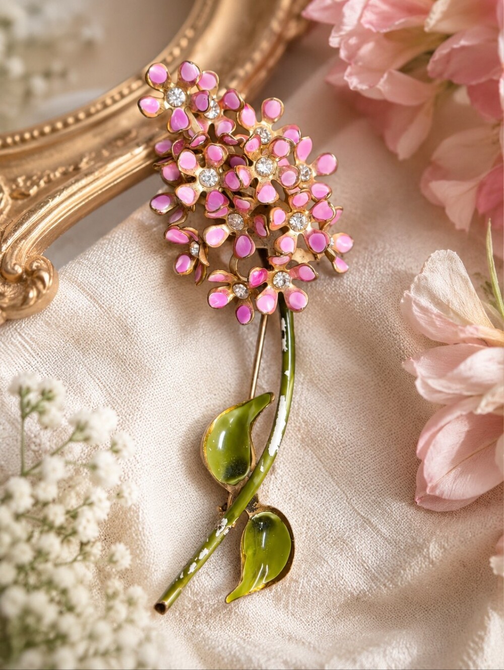 Vintage Pink Lilac Blossom Spray Brooch Rhinestone Enamel Floral Pin